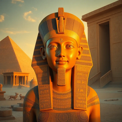 ancient Egypt, pharaoh, mystical, desert landscape, golden sands, pyramids in distance, hieroglyphics, intricate detail, vibrant hues, rich color palette, surreal lighting, magic, sphinx, sun-kissed stone, timeless, divine symbolism, echoes of history, mystical atmosphere, intricate patterns, divine geometry, cultural heritage, mythological essence, spiritual aura, timeless architecture, ancient civilization, ceremonial, ethereal glow, divine presence, artistic grandeur, desert mystique, historical reverence, legendary tales