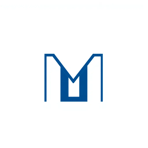 bold M logo mark, solid geometric letter, structured layers, subtle thin horizontal connector lines, indigo on white, modern minimal SaaS branding, flat vector, modernist simplicity, Bauhaus influence, clean design, minimalist aesthetics, structured composition, primary color palette, geometric precision, visual balance, negative space utilization, corporate identity, digital branding, contemporary design language, clarity in form