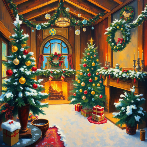 festive atmosphere, vibrant colors, impressionism, Claude Monet, 19th century, warm lighting, traditional Christmas scenes, cozy interiors, pine trees, sparkling ornaments, joyous mood, rich textures, brushstrokes, holiday spirit, winter season, historical context, playful composition, dynamic perspective, cultural traditions, snow-covered landscapes, joyous celebrations, artistic symbolism