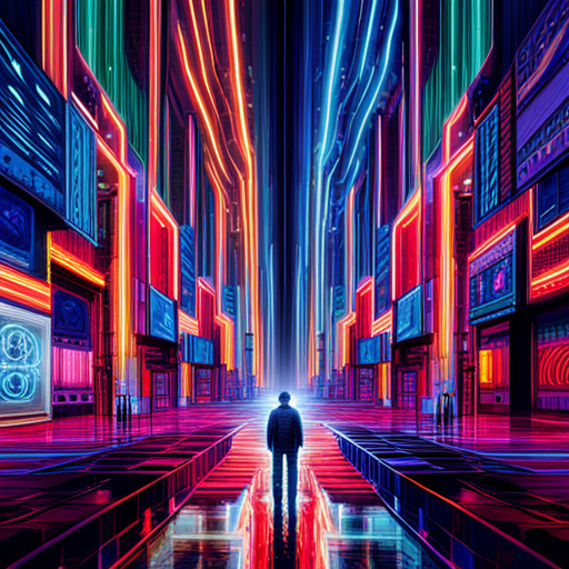 futuristic, artificial intelligence, data visualization, machine learning, generative art, wires and circuits, cyberpunk, neon colors, maximalism, complex patterns, glitch art, technology, perspective, movement, geometric shapes, symbolism