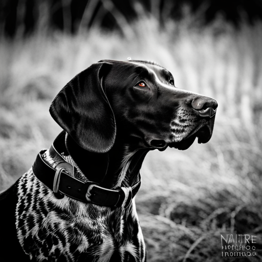 German shorthair pointer, hunting dogs, animal portrait, monochrome, high contrast, dark background, intense gaze, rugged texture, black and white photography, natural lighting, hunting instinct, powerful stance, majestic posture, pedigree breeds, outdoor photography, dog training