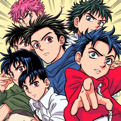 dynamic characters, intricate costumes, vibrant energy, vivid emotion, bold lines, expressive eyes, dramatic angles, energy bursts, vibrant colors, stylized action, cultural references, fantastical elements, modern storytelling, fluid motion, intense drama, character evolution, narrative depth, vibrant landscapes, animated world, stylistic exaggeration, Manga influences, deep shadows, contrasting tones, dynamic composition