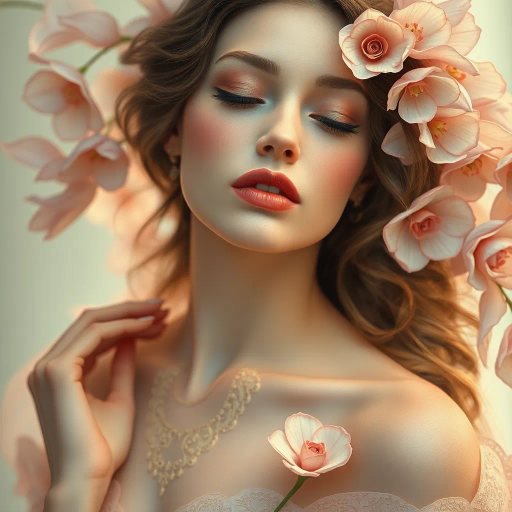 elegant, ethereal beauty, inspired by alfons mucha, art nouveau, soft pastels, delicate curves, intricate details, flowing lines, divine femininity, serene expressions, luminous skin, gentle allure, classic elegance, timeless grace, floral motifs, romanticism, subtle sensuality, ambient glow, sophisticated charm, natural form, organic textures, soft focus, harmonious design, intimate portraiture, visual poetry, artistic refinement