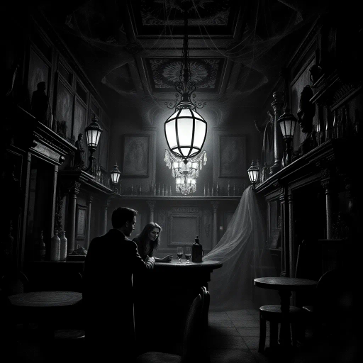 haunted tavern, eerie atmosphere, Gothic architecture, translucent specters, dim candlelight, John Atkinson Grimshaw influence, Victorian era, shadowy corners, spectral patrons, mystical glow, cobweb-laden rafters, misty ambiance, chiaroscuro contrasts, haunted past, ghostly whispers, weathered wood textures, melancholic mood, surreal distortions, evocative storytelling, vintage charm, chilling presence