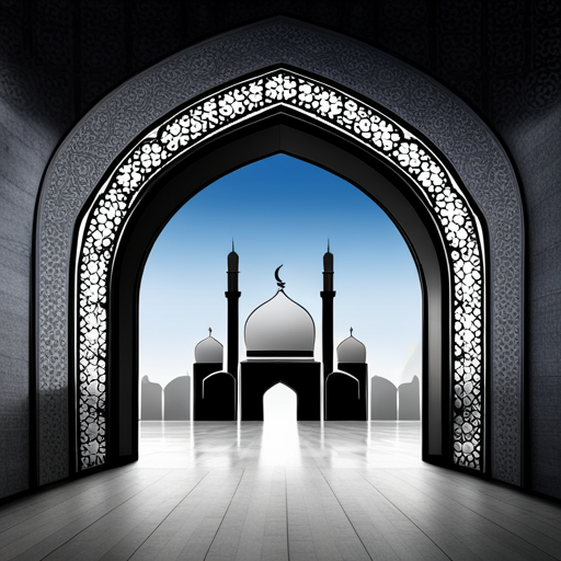 symbolic masjid, rounded border, border shadow, clock, time 04:10, caption, 7 minutes walking distance, location