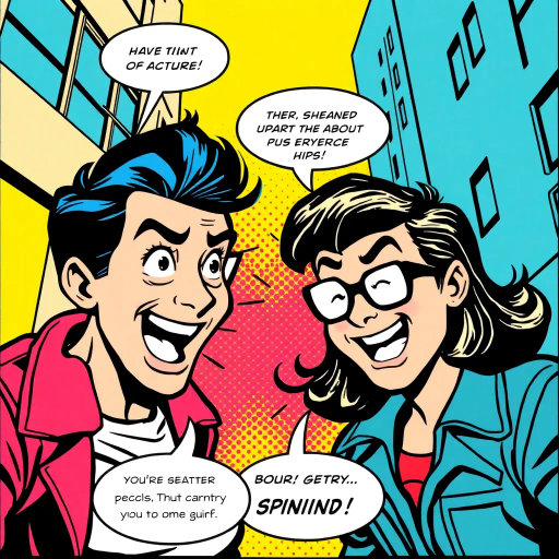 dynamic duo, playful banter, vibrant expressions, Roy Lichtenstein, pop art, bold outlines, exaggerated features, retro vibes, expressive gestures, primary colors, halftone dots, street-smart attitude, witty dialogue, urban environment, youthful energy, narrative interaction, classic comic panel, 1960s influence, visual storytelling, contrast of personalities