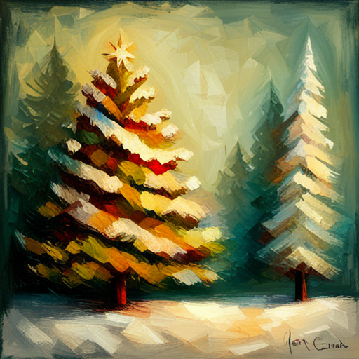 four Christmas tree, textured canva, oil vintage