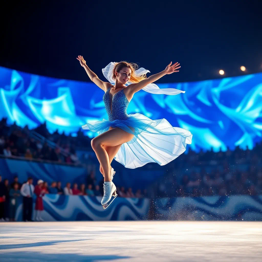 olympic figure skating contestant, dynamic movement, ethereal grace, blue contest suit, luminous blue background, expressive spectators, vivid colors, high contrast, fluid motion, contemporary elegance, cinematic lighting, detailed textures, harmony and balance, vibrant energy, artistic choreography, impressionist influences, audience engagement, atmospheric depth, radiant glow, modern spectacle, visual storytelling, energetic composition, intricate details, emotional resonance