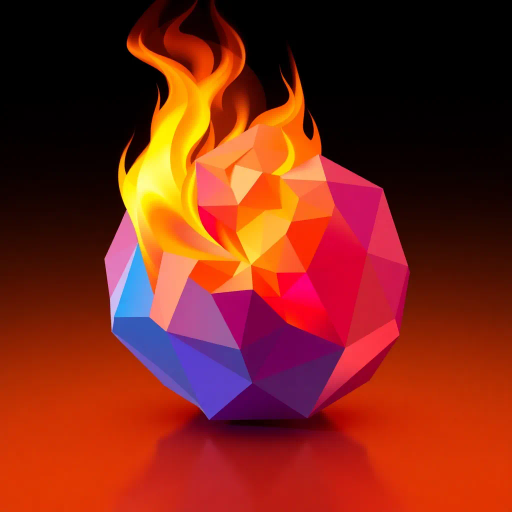 geometric abstraction, angular shapes, vibrant hues, minimalist design, dynamic movement, polygonal art, faceted surfaces, interplay of light and shadow, fiery warmth, digital minimalism, visual simplicity, contemporary aesthetics, simplified forms, energy and transformation, fiery glow, scale contrast, fragmented geometry, abstract representation, symbolic heat, sculptural quality