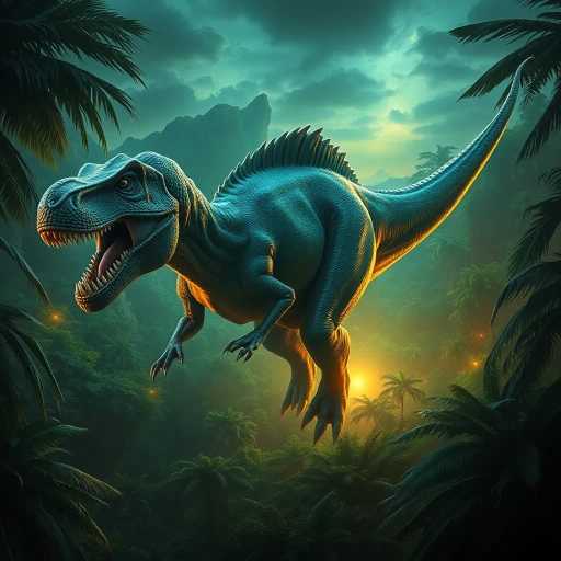 majestic dinosaur, lush jungles, vivid emerald greens, dynamic poses, chiaroscuro lighting, mythical era, ethereal glow, intricate scales, surreal landscapes, movement and tension, timeless prehistoric panorama, Jules Verne influence, hyper-realistic textures, primordial ambiance, vibrant life, dramatic skies, storytelling composition, atmospheric depth, earthy tones, grandeur and mysticism, visionary interpretation, prehistoric creatures, paleoart inspiration, dramatic depth, fantasy vibes, mythical storytelling