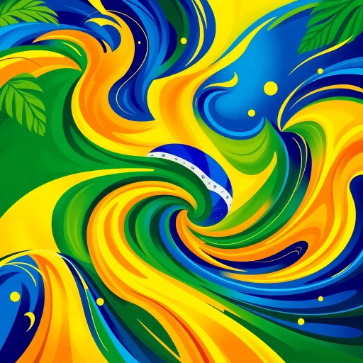 vibrant colors, swirling movement, tropical allure, Brazilian flag, geometric precision, cultural celebration, Carnival inspiration, abstract shapes, bold contrast, energetic flow, Rio de Janeiro, lush greens, radiant yellows, deep blues, chromatic harmony, festive spirit, national pride, rhythmic patterns, dynamic composition, joyful exuberance, modern interpretation