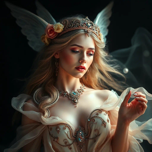 ethereal goddess, celestial beauty, renaissance-inspired elegance, dramatic lighting, chiaroscuro, fluid and dynamic composition, jewel tones, soft curves, shimmering highlights, baroque influences, mythological essence, lush textures, high contrast, expansive scale, emotional depth, serene expression, intricate detailing, divine aura, flowing fabric, ornate adornments, timeless aura, harmonious colors