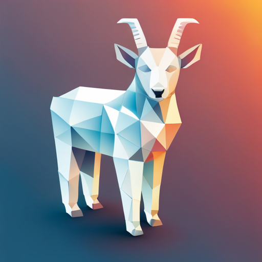 A dynamic composition of a small, abstract robot with goat-like antlers, rendered with sharp, faceted polygons in a limited color palette and vector graphics. Inspired by the geometric shapes of cubism and the low-poly art style of the 90s, with a nod to surrealist art and mythological symbolism.