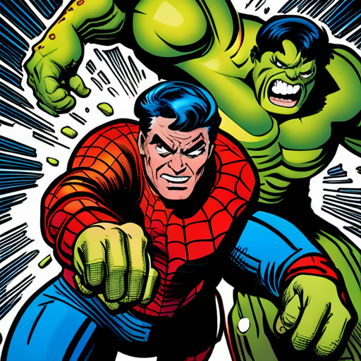 hulk, spiderman, superheroes, Marvel, action, dynamic, vibrant colors, bold lines, intense, powerful, strength, conflict, heroism, Stan Lee, Jack Kirby, Pop Art, Golden Age, Silver Age, primary colors, motion lines, energy, ink, pen and ink, graphic storytelling, panel layout, superhero battles, iconic poses, splash pages, word balloons, sound effects, exaggerated perspectives, hidden messages, moral dilemmas, social commentary, larger-than-life characters, dynamic composition, high contrast, halftone dots, dynamic movement, artistic influences, iconic imagery