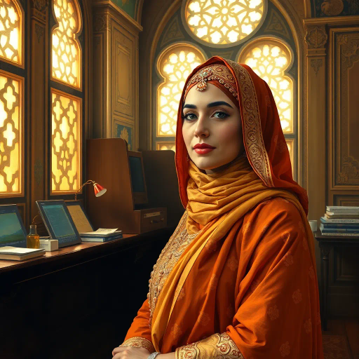 Arab lady, professional setting, Gustav Klimt influence, intricate patterns, warm earthy tones, Islamic architecture, traditional attire, modern fusion, cultural richness, sunlight streaming through ornate windows, detailed textures, elegance and grace, dynamic composition, respectful portrayal, emphasis on heritage, soft brushstrokes, rich color palette, symbolic elements, harmonious balance, cultural identity, work environment, subtle grace