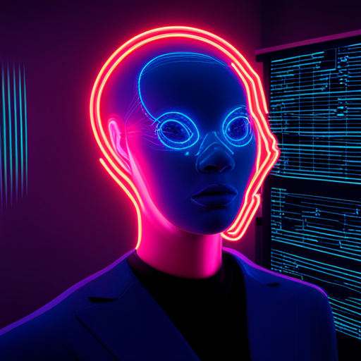 neon, vibrant, futuristic, cyborg, artificial intelligence, technology, magazine, 3D-rendering, holographic, augmented reality, digital, sleek, minimalistic, data visualisation, cybernetics