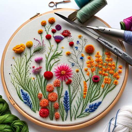 embroidery, pattern, wildflower, meadow, cross-stitch, delicate, intricate, floral, threadwork, handcrafted, textile, vintage, botanical, natural, plant, field, nature-inspired, stitched, needlework, colorful, traditional, handmade, stitches, craft, meandering, springs, blossoms