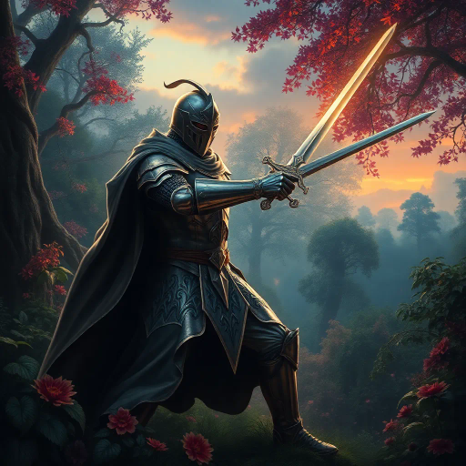 mythical knight, sword drawn, enchanted forest, vibrant foliage, dusk lighting, dynamic pose, Arthurian legend, realm of magic, ethereal glow, rich textures, romanticism, epic scale, mystical creatures, delicate details, heroic atmosphere, shimmering armor, surreal landscape, allegorical journey, renaissance influence, narrative depth