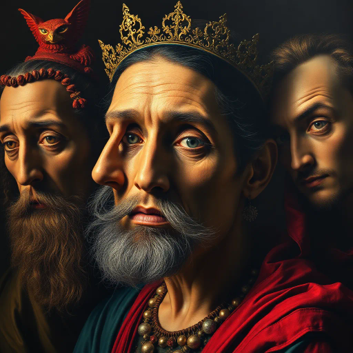 surreal, Renaissance, chiaroscuro, vibrant color palette, intricate details, dynamic composition, exploration of identity, cultural symbolism, bold textures, emotional resonance, metaphorical imagery, storytelling elements, historical context, symbolic representation, modern interpretation, classical influence