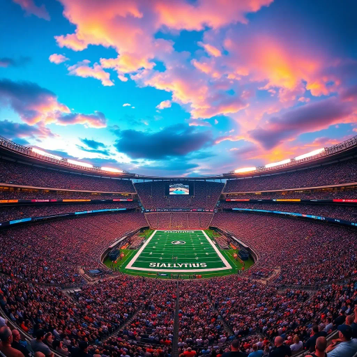 majestic, football stadium, panoramic view, vibrant energy, modern architecture, vast crowd, immersive atmosphere, dynamic lighting, vivid colors, iconic sports venue, dramatic sky, high-detailed textures, lively movement, cultural spectacle, wide-angle perspective, epic scale, contemporary design, exhilarating moment, sporting tradition, architectural grandeur