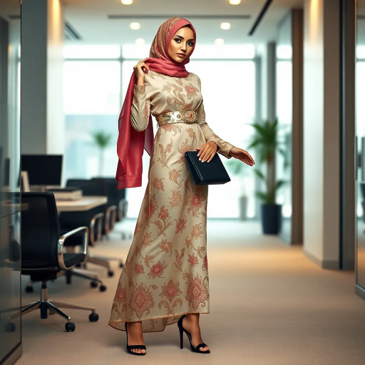 elegant Arab woman, contemporary fashion, hijab, professional attire, modern workplace, high heels, Middle Eastern influence, vibrant colors, soft ambient lighting, dynamic posing, cultural expression, delicate textiles, confident and empowering presence, sophisticated grace, diverse cultural representation, fusion of modern and traditional elements, cultural fusion, empowerment and poise, Impressionism influences, Gustav Klimt inspiration, Art Nouveau elegance, intricate patterns, intricate detailing, vibrant color palette, symbolic attire, office environment, balance and harmony, dynamic composition, surreal lighting, cultural narrative, refined textures, bold symbolism, artistic influences, multicultural dialogue, striking balance, expressive realism, innovative representation, unique fashion, delicate balance, harmonious color palette