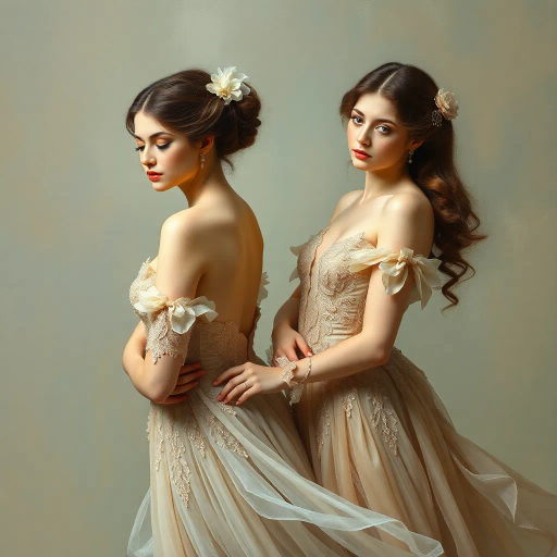 elegant femmes, graceful posture, intricate fashion, ethereal beauty, soft lighting, romantic era, impressionistic brushstrokes, pastel hues, delicate textures, feminine elegance, serene expressions, renaissance influences, flowing fabrics, atmospheric composition, refined aesthetics, timeless allure, enchanting aura, subtle movement, classical themes, Claude Monet, Edgar Degas, Raphael, chiaroscuro, delicate pastels, harmonious balance, historical richness, fine detail, luminous glow, cultural grace, narrative depth, portraiture, emotive grace, evocative ambiance