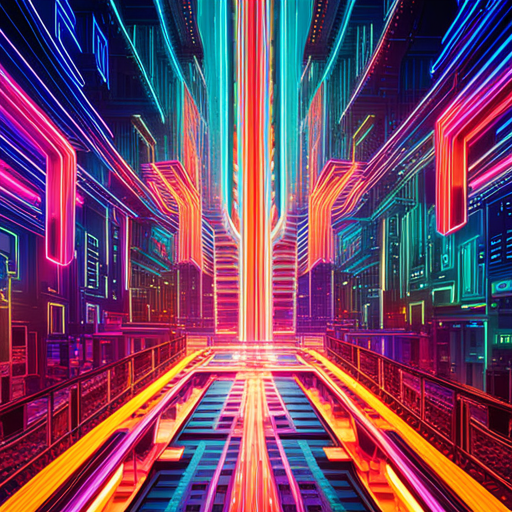 futuristic, artificial intelligence, data visualization, complex patterns, generative art, technology, glitch art, cyberpunk, machine learning, wires and circuits, abstract expressionism, neon colors