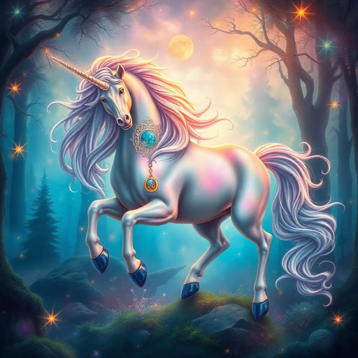 majestic unicorn, enchanted forest, luminous aura, ethereal glow, dreamy atmosphere, vibrant iridescence, mythical creature, intricate details, surreal landscape, whimsical essence, Josephine Wall, Art Nouveau, twilight hues, magical realism, celestial light, flowing mane, mythical symbolism, serene elegance, fantasy narrative, delicate textures, imaginative realm, mystical ambiance