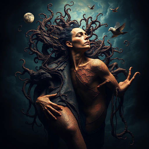 surreal, provocative, Salvador Dali influence, chiaroscuro lighting, baroque elegance, intricate textures, emotional tension, abstract symbolism, expressive lines, vivid colors, avant-garde composition, atmospheric mood, renaissance influence, cultural fusion, human form, intricate details, dynamic movement, conceptual exploration, psychological depth, bold contrasts, conceptual storytelling, emotional expression, ethereal ambiance, stylized forms, geometric interplay, historical references, philosophical undertones, dreamlike quality, artistic sophistication