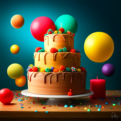 birthday, celebration, 3D, cake, candles, balloons, confetti, party, festive, joyful, colorful, animated, playful, whimsical, realistic, texture, lighting, composition, movement