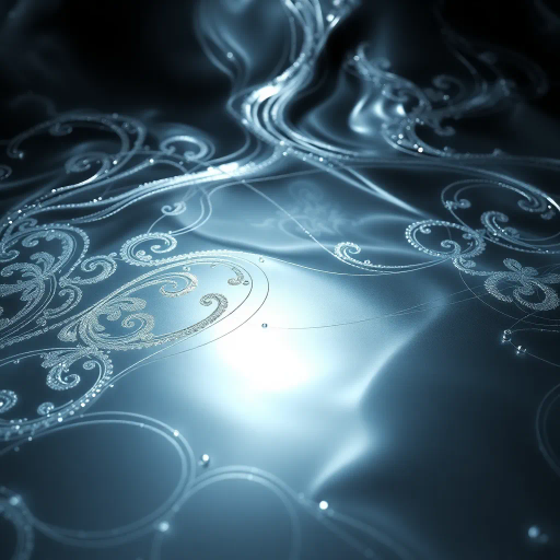 metallic luster, reflective surface, silver hues, intricate filigree, art nouveau, Gustav Klimt, ethereal glow, cool tones, surrealism, obsidian shadows, fluid movement, ornate patterns, delicate engraving, high contrast, shimmering light, atmospheric setting, delicate detailing, abstract space, monochromatic palette, futuristic elegance, dimensional depth, luminescent, delicate highlights, celestial motifs, elegant composition, flowing lines, minimalist aesthetic, timeless allure, ethereal ambiance, dreamlike environment, transcendent forms, hypnotic textures, elegant simplicity, modern sophistication, visionary artistry