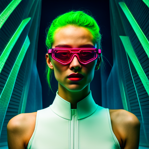 glitchy, cyberpunk, futuristic, augmented reality, metallic accents, retrofuturistic, post-apocalyptic, rave culture, distortion, biomechanical, electric, High-tech eyewear, Fire-inspired fashion, Futuristic festival, Radial symmetry, Burnt orange, UV protection, Industrial chic, Multidimensional shapes