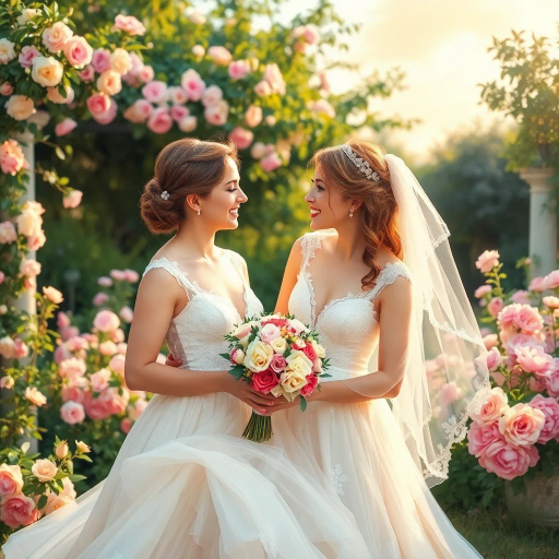 romantic wedding scene, ethereal beauty, vibrant florals, soft pastel palette, joyous celebration, whimsical atmosphere, flowing gowns, intricate lace detail, candid emotions, renaissance influence, harmonious balance, garden setting, sunlight filtering, impressionistic brushwork, tender expressions, timeless love, magical realism, lush greenery, delicate elegance, golden hour light