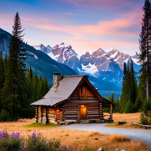 majestic, serene, landscape, peaceful, remote, solitude, cozy, rustic, wooden cabin, mountains, nature, escape, retreat, tranquility, forest, trees, snow-capped peaks, scenic enhance