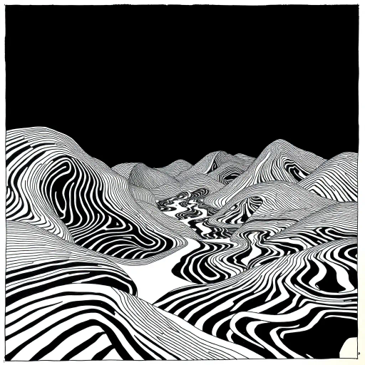 geometric shapes, intricate patterns, flowing lines, minimalist design, abstract expression, monochrome palette, dynamic movement, M.C. Escher influence, precise detailing, linear perspective, conceptual exploration, visual harmony, contour emphasis, spatial depth, contemporary influence, surreal geometry, optical illusion, mathematical artistry, avant-garde composition, abstract forms, pen and ink medium, black and white contrast, intersecting lines, detailed tessellation, fluid dynamics, rhythmic patterns, creative geometry, fine linework, subtle gradients, modern abstraction, artistic innovation, interlocking forms, infinite loops, Escherian landscapes, artistic paradox