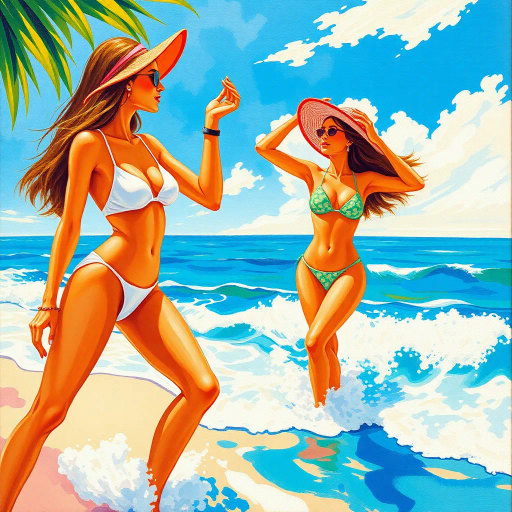 graceful, ethereal, sunlit, renaissance, Botticelli-inspired, vibrant colors, flowing fabric, soft contours, abstract realism, oceanic background, azure hues, delicate brushstrokes, dynamic composition, sun-kissed, serene expression, liberating movement, artistic nudity, impressionistic textures, harmonious balance, timeless beauty, emotive palette, chiaroscuro lighting, cultural diversity, immersive perspective, transcendent elegance, radiant illumination, ethereal glow, harmonious rhythm, soft transitions, sublime light, cultural tapestry, visual poetry, serene harmony, dreamlike atmosphere, radiant illumination, dynamic composition, emotive palette