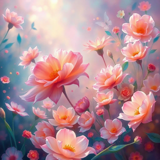 vibrant florals, surreal blooms, ethereal garden, Claude Monet influence, dreamlike atmosphere, luminous petals, soft pastels, Art Nouveau elements, mystical springtime, enchanted landscape, luminous glow, delicate brushstrokes, layered textures, intricate details, mythical fauna, whimsical elegance, organic forms, serene nature, iridescent highlights, immersive scenery, fantasy realm, atmospheric depth, ethereal light, imaginal wonderland, fluid motion, vibrant tapestry, magical realism, enchanted twilight, transcendent harmony, celestial inspiration