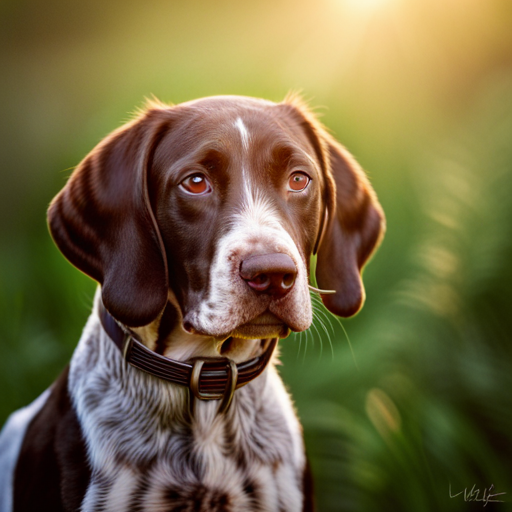 nature, animals, photography, portrait, dog, puppy, German shorthair pointer, cute, adorable, pet, wildlife, outdoor, playful, energetic, curious, sunlight, warm tones, close-up, furry, wagging tail, wet nose, expressive eyes