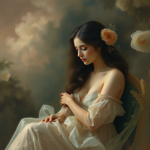 ethereal beauty, sensual grace, chiaroscuro, mystical ambiance, Francois Boucher inspiration, Baroque textures, soft pastels, delicate brushwork, intimate setting, romantic allure, dreamlike landscape, Renaissance influence, intricate details, subtle symbolism, historical richness, emotional depth, harmonious composition, flowing forms, captivating elegance
