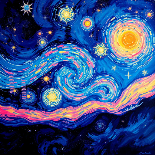 celestial entities, cosmic dance, Vincent Van Gogh influence, swirling galaxies, ethereal glow, deep indigos, golden accents, mystical aura, night sky splendor, dreamlike fantasy, surrealism, astral patterns, infinite space, starscape, luminous bodies, impressionistic touches, celestial harmony, vast universe, twinkling lights, stardust trails