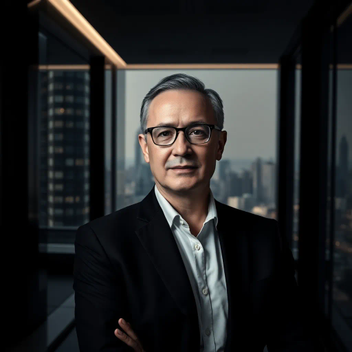 executive portrait, modern office, chiaroscuro lighting, sleek design, authority, power, business attire, professional setting, sharp focus, corporate environment, elegance, contemporary, high-rise building, urban backdrop, soft shadows, confidence, leadership, minimalistic, CEO style, monochromatic color palette, sophisticated, balanced composition, dynamic angles, reflective surfaces, formal posture, 21st century, urban chic, commanding presence, Annie Leibovitz, Richard Avedon, dramatic lighting, cityscape, architectural backdrop, corporate photography, modernism, business portraiture, atmospheric perspective, serene mood, urban landscape, refinement, silver tones, professional sophistication