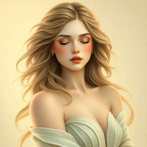 ethereal feminine figure, inspired by Alphonse Mucha, art nouveau elegance, flowing lines, gentle curves, pastel tones, soft lighting, delicate textures, serene expression, grace and poise, mythical allure, elegant composition, harmonious balance, captivating beauty, dreamlike ambiance, timeless elegance, detailed ornamentation, subtle symbolism, classical influences, refined artistry