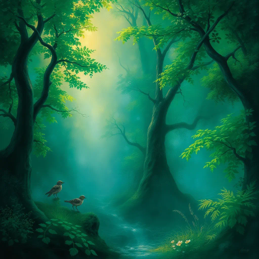 lush forests, mythical creatures, vibrant flora, Claude Monet, ethereal atmosphere, golden hour light, intricate patterns, vivid colors, enchanted landscapes, surreal elements, dreamlike, whimsical mood, magical realism, expansive vistas, Renaissance influence, detailed foliage, flowing rivers, soft textures, twilight glow, mystical ambiance, narrative composition, harmonious balance, imaginative world