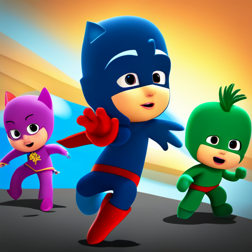 pjmask, cartoon characters, animated, vibrant colors, energetic, action-packed, superhero, children's show, animated series, 3D animation, adventure, teamwork, masks, mystery, young heroes, nighttime, dynamic poses, dynamic composition, anime, children's television show, PJ Masks, cartoons, comic book style, exaggerated expressions, adventurous, stylized animation