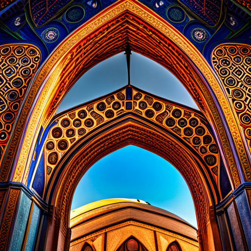 Two mosques, with a digital clock attached to each mosque, isometric view, architectural design, geometric shapes, Islamic architecture, minarets, domes, symmetry, arabesque patterns, calligraphy, marble flooring, arches, prayer halls, courtyard, spires, Islamic art, religious symbols, spiritual ambiance, golden accents, intricate details