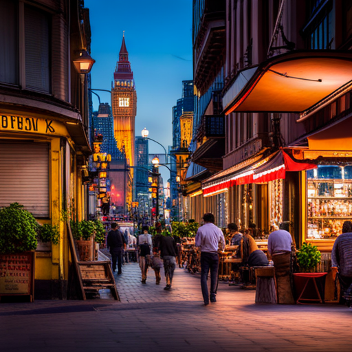 early-morning, walk, dinner, cityscape, urban, streetlights, shadows, night-time, dusk, evening, atmosphere, city, buildings, architecture, bustling, vibrant, nightlife