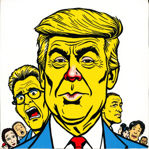 satirical caricature, exaggerated features, political symbolism, vibrant colors, pen-and-ink textures, Roy Lichtenstein influence, pop art era, humor-driven narrative, dynamic composition, bold outlines, American cultural elements, emotionally charged expressions, satirical tone, mid-20th century reference, iconic imagery, energetic line work, visual wit, comic strip aesthetics, subversive commentary, metaphorical elements, humorous distortion, graphic novel feel, societal critique, modern pop influence, bright contrasting hues, cultural satire, pulsating energy