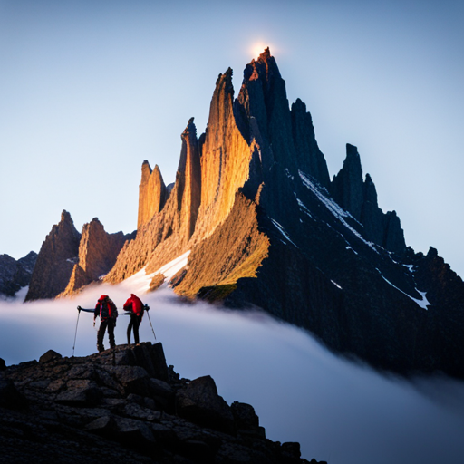 Majestic mountain climbers scaling treacherous peaks in a haunting and mystical Crava landscape with a mystical light illuminating their courage and determination, evocative of the legendary mountaineer Sir Edmund Hillary