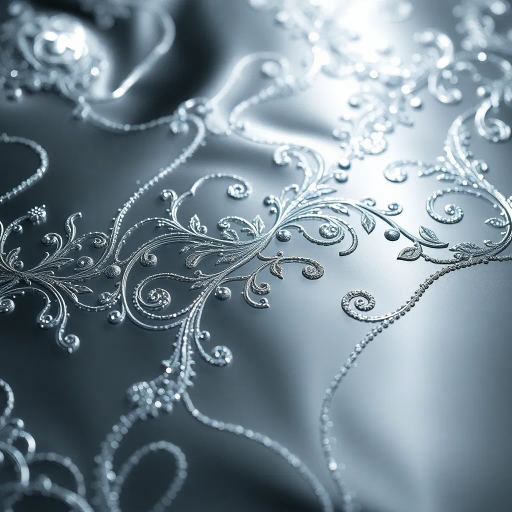 metallic luster, reflective surface, silver hues, intricate filigree, art nouveau, Gustav Klimt, ethereal glow, cool tones, surrealism, obsidian shadows, fluid movement, ornate patterns, delicate engraving, high contrast, shimmering light, atmospheric setting, delicate detailing, abstract space, monochromatic palette, futuristic elegance, dimensional depth, luminescent, delicate highlights, celestial motifs, elegant composition, flowing lines, minimalist aesthetic, timeless allure