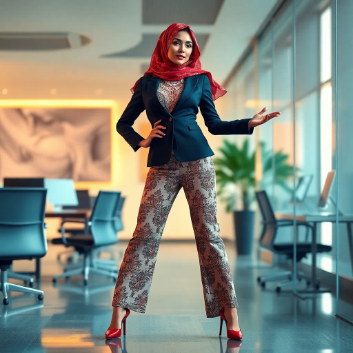 elegant Arab woman, professional attire, modern workplace, high heels, Middle Eastern influence, contemporary art style, intricate patterns, vibrant color palette, soft ambient lighting, cultural expression, dynamic posing, delicate textiles, confidence, empowerment, sophistication, grace, diverse cultural representation, cultural fusion, impressionism influences, human form depiction, balance and harmony, dynamic office environment, elegance, poise, detailed craftwork, modernism, cultural narrative, harmonious composition, vibrant textures